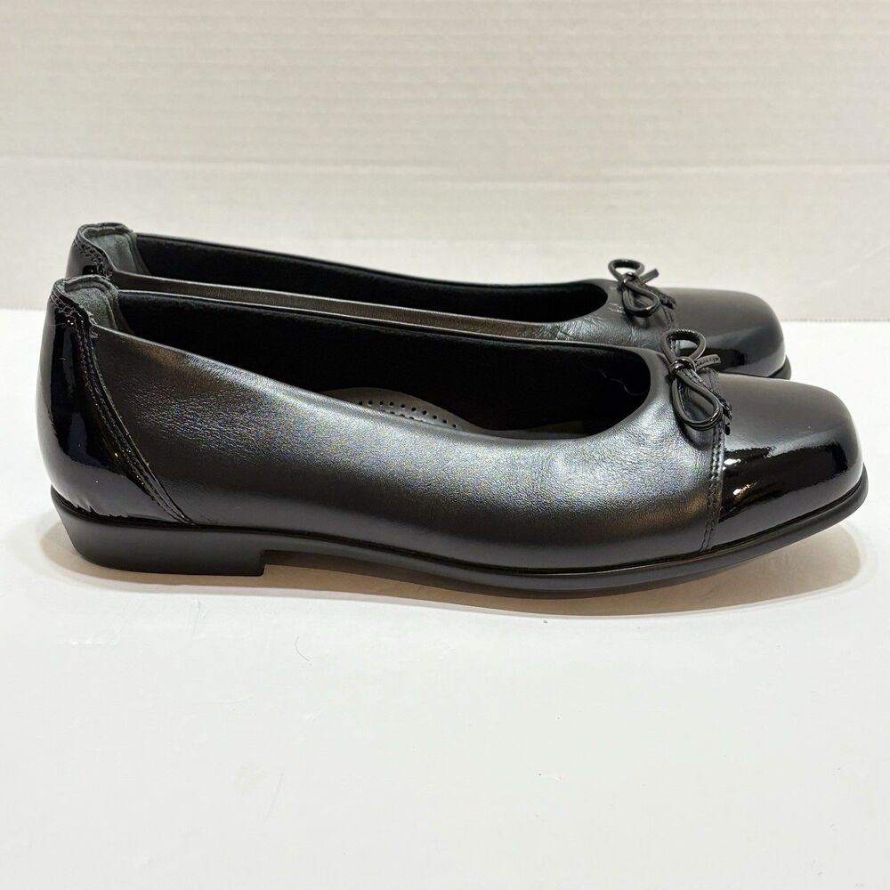 SAS Coco Ballet Flats Black Leather & Patent Bow TriPad Comfort Shoes 8.5WW